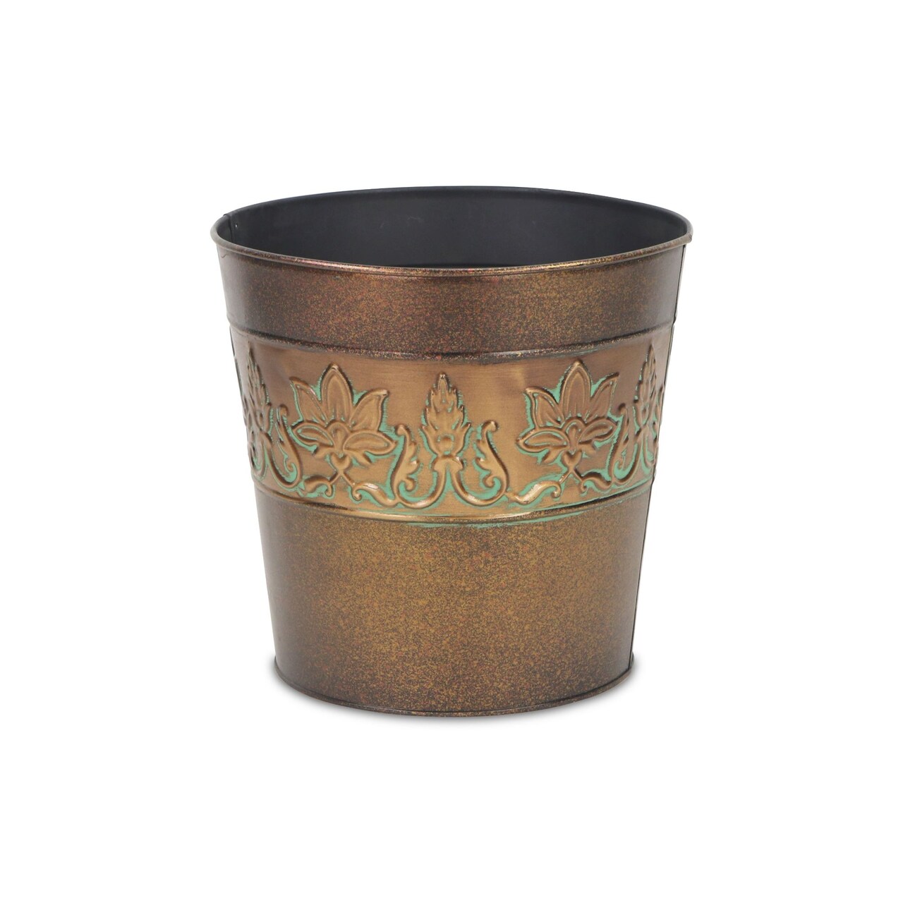 Contemporary Home Living 9.25" Bronze and Green Floral Embossed Circular Outdoor Planter Pot